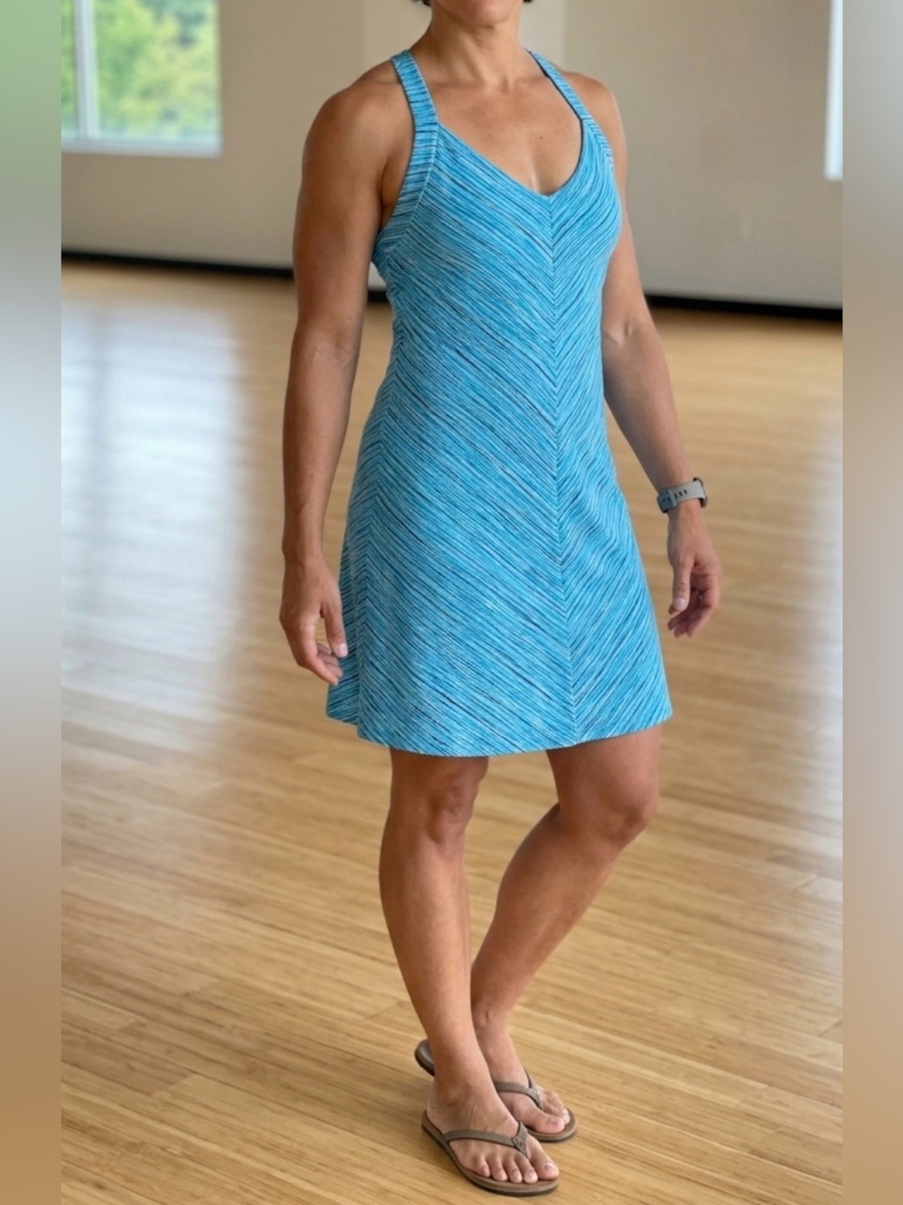 TEHAMA Blue Striped Crossback Tank Mini Dress Sz L Athleisure Casual Sporty